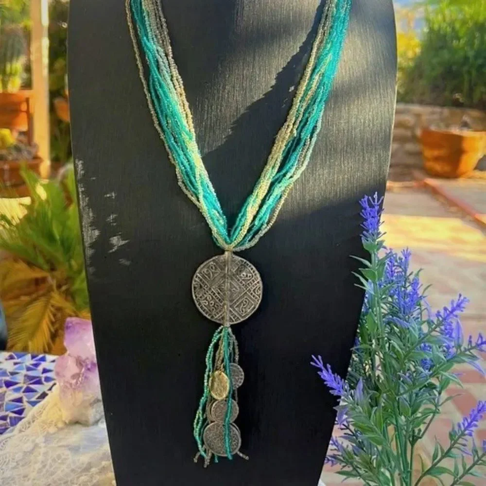 Vintage Pewter Medallion Seed Bead Necklace - Picture 1 of 8